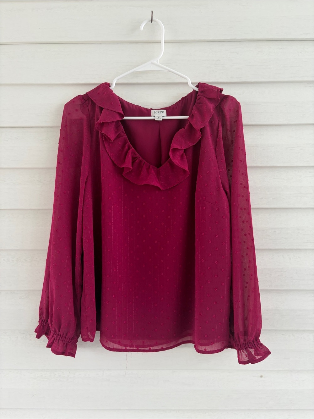 J.Crew Burgundy Swiss Dot Chiffon Ruffle Blouse Sheer Sleeve Top M